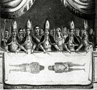 This illustration shows the Shroud being exhibited to the public and held up by the hands of priests